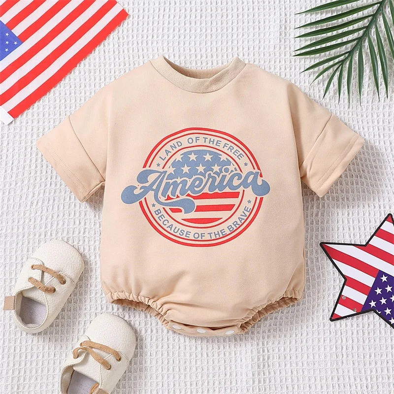 

Toddler Boy Girl 4th of July Outfits Short Sleeve Romper American Flag Jumpsuit Independence Day Bodysuit Clothes