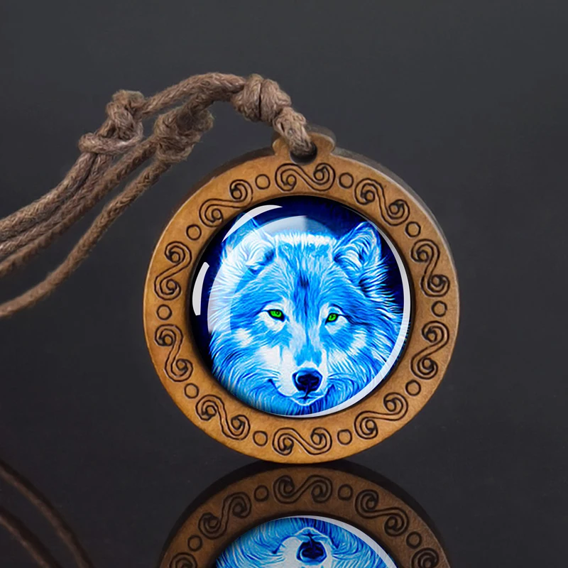 Wolf Glass Dome Necklace Men Vintage Wolf Head Wood Pendant Rope Chain Necklace Retro Jewelry