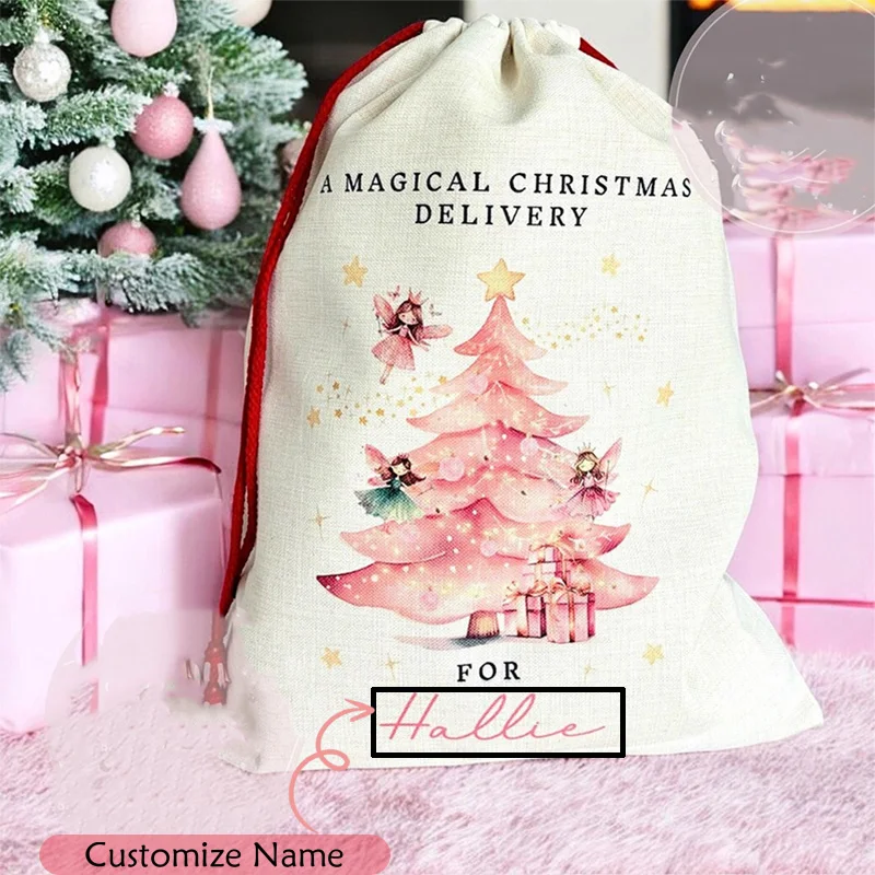 personalised Custom Santa sack Christmas Fairy stocking Merry Xmas eve holiday Decoration Children kid girl gift Present Toy Bag