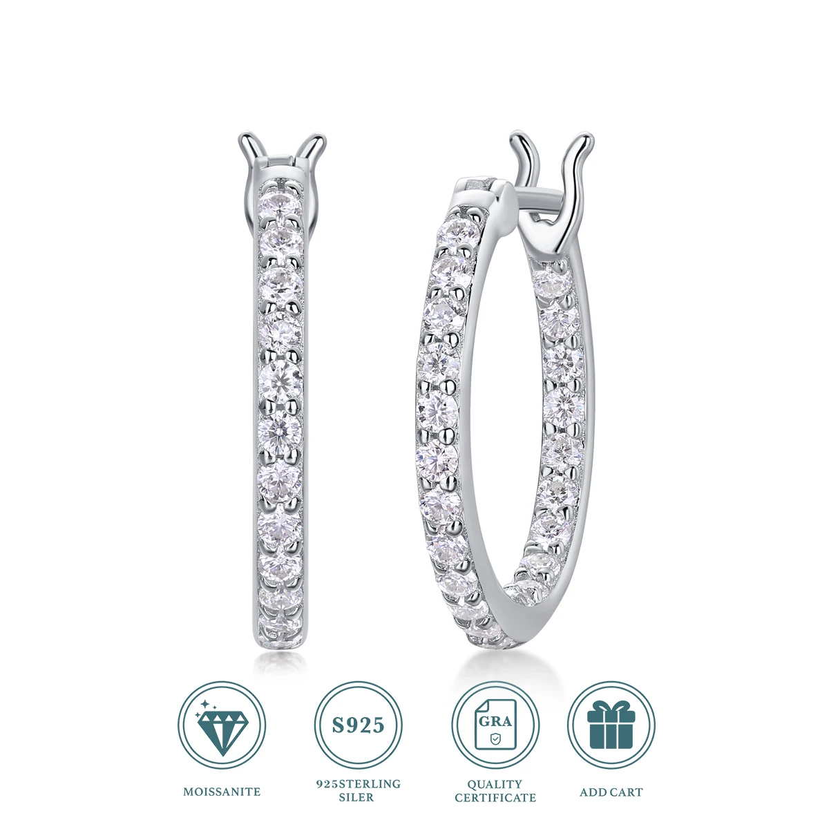 Certified 925 Silver with 18K Gold-Plated Moissanite Hoop Earrings, Sparkling Wedding Fine Jewelry Earrings for Women