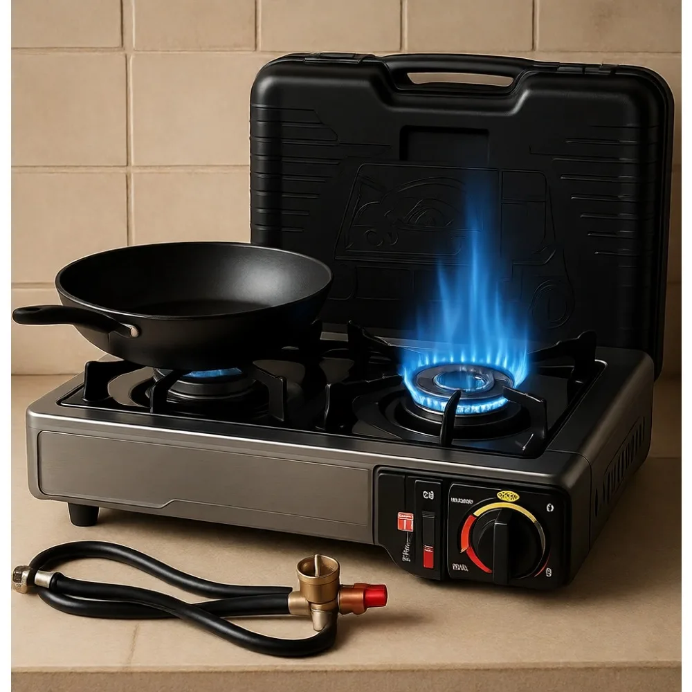 Estufa de Camping de Doble Combustible Compatible con Butano y Propano, Quemador Portátil para Exteriores con Manguera y Estuche, 7800 BTU