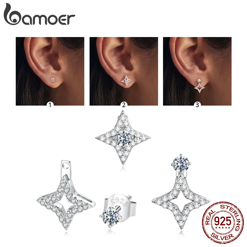 BAMOER Fashion Moissanite Stud Earrings with Certificate, S925 Silver Customizable Lab Created Diamond Earrings Fine Jewelry