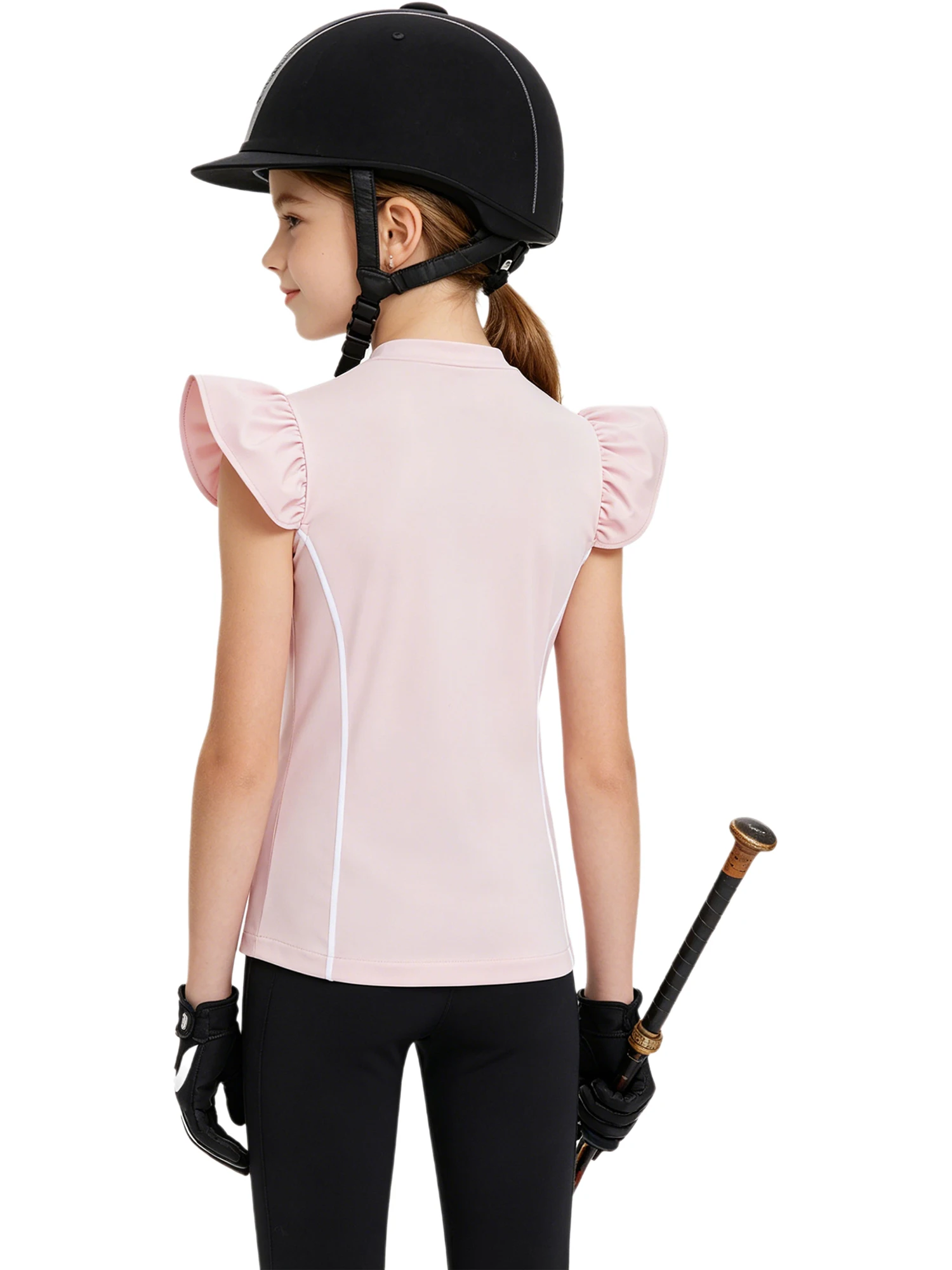 Youth Girls Equestrian Shirt Zip Up Stand Collar Ruffled Sleeves Contrast Trim Quick Dry Breathable Stretchy for Riding
