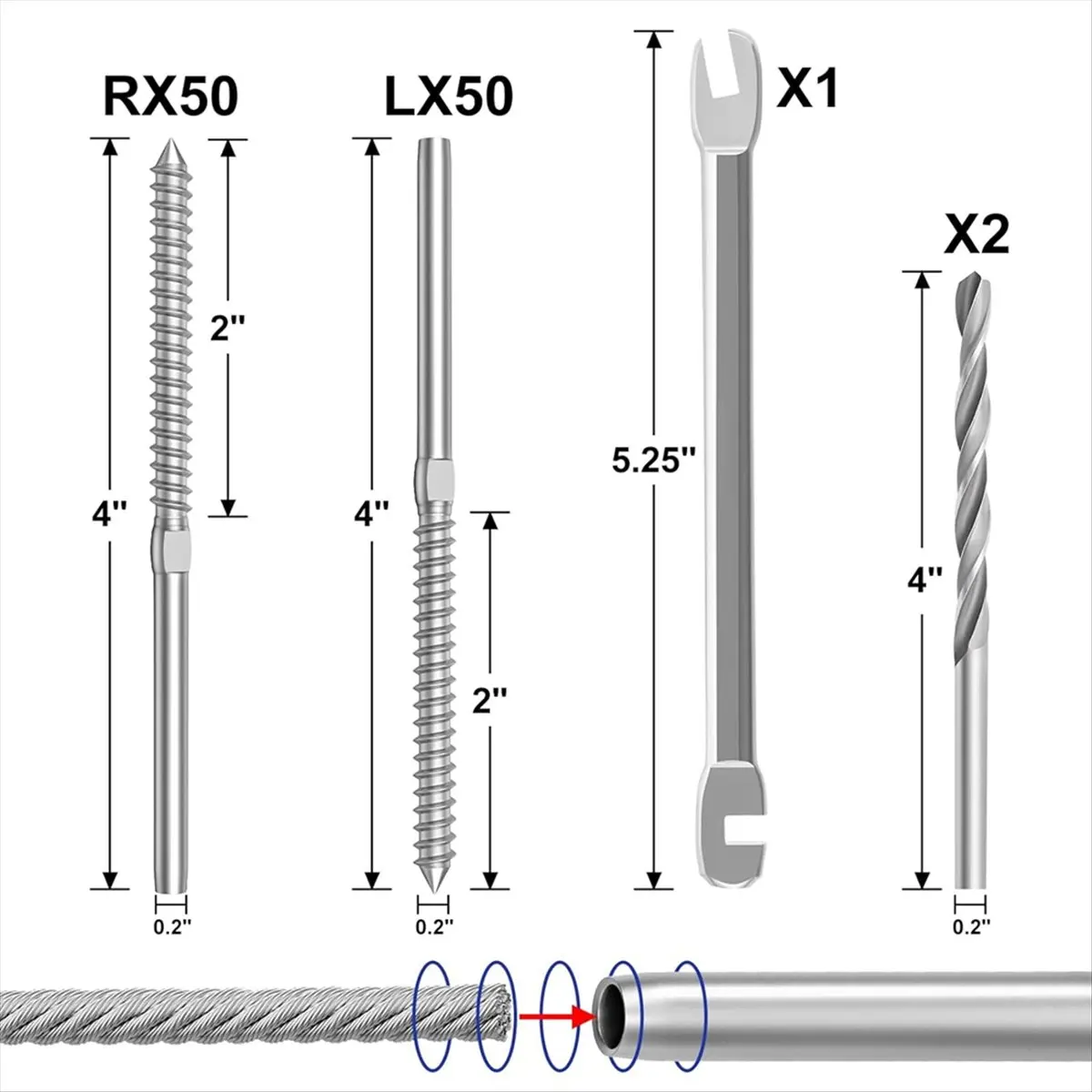 2026 + 100 Pack T316 Stainless Steel 1/8inch Right&Left Handed Thread Swage Lag Screws for Wood Post of Steel Cable Railing Kit