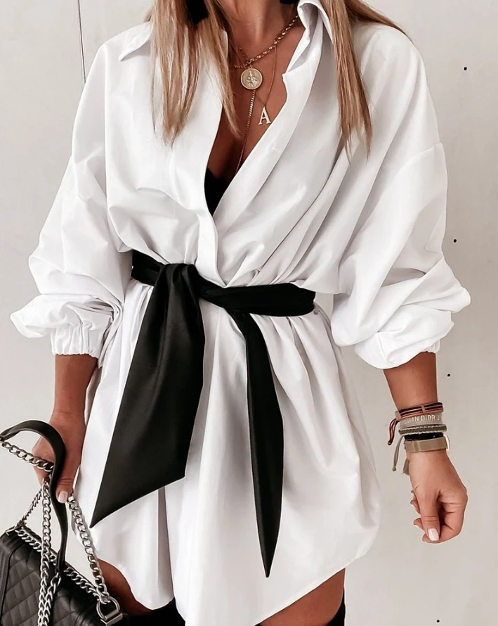 

Women's 2024 Spring and Summer Fashion Long Temperament Commuting Dress Sleeve Tied Detail Casual Shirt Dress with Belt ﻿