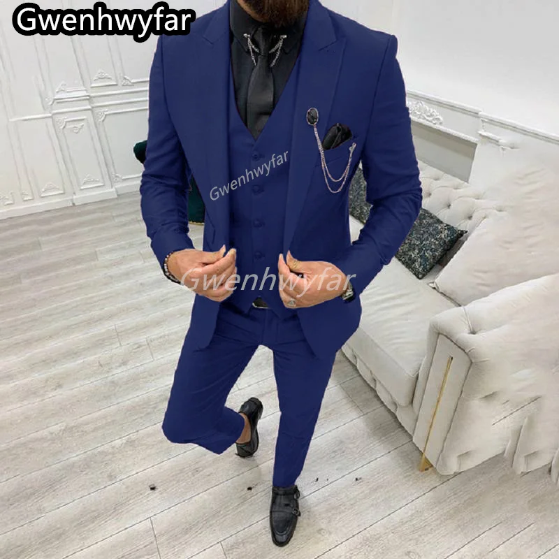 

Gwenhwyfar Handsome Navy Blue Men's Suit Wedding Groom Tuxedo Single Breasted Business Blazer Prom 3 Piece Jacket Vest Pants