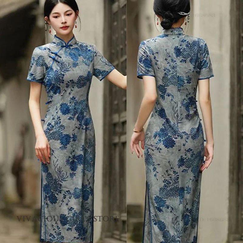 

Винтажное женское длинное платье-ципао с цветочным принтом, китайское традиционное платье, сексуальное облегающее платье с разрезом, вечернее платье для вечеринок