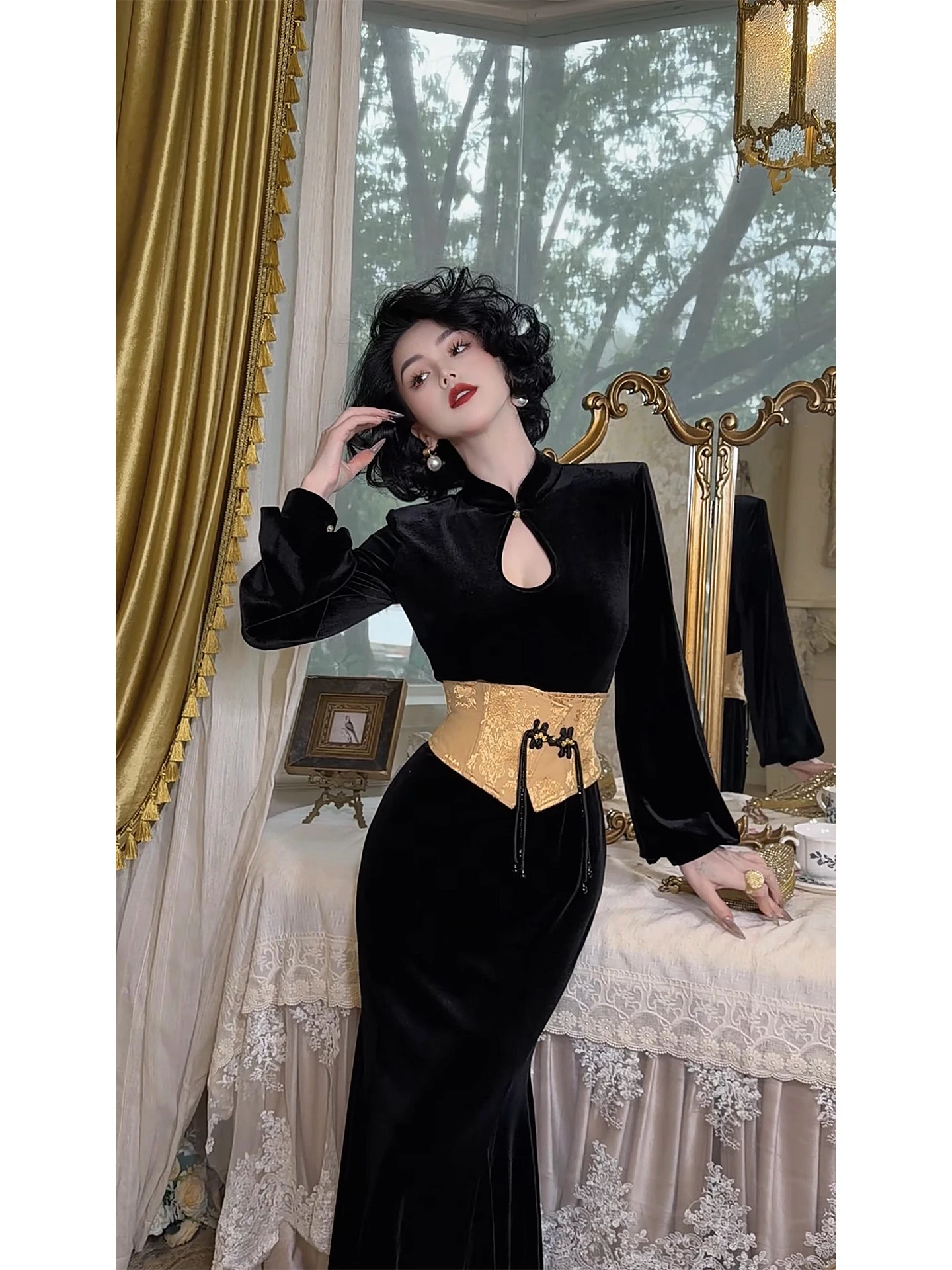 

LYXJ Новая женская бархатная юбка-русалка с высокой талией, весна 2026, в китайском стиле, с длинными рукавами, на молнии, облегающая