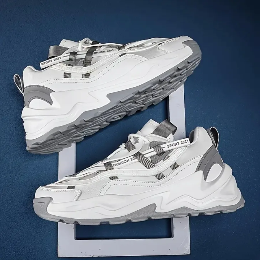 

Men's White and Gray Low-Top Sneakers - Multi-Strap Platform Dad Shoes with Thick Sole Lace-Up Casual Round Toe Breathable Fabr