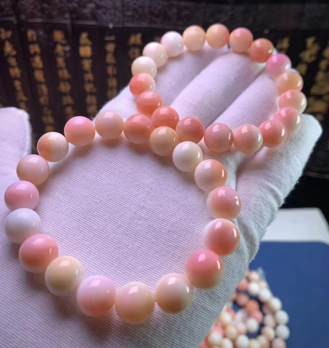 10mm Nature Pink Sea Shell Mala Bangle Bracelets Conch Bead Amulet Organic Gem Rosary Lucky