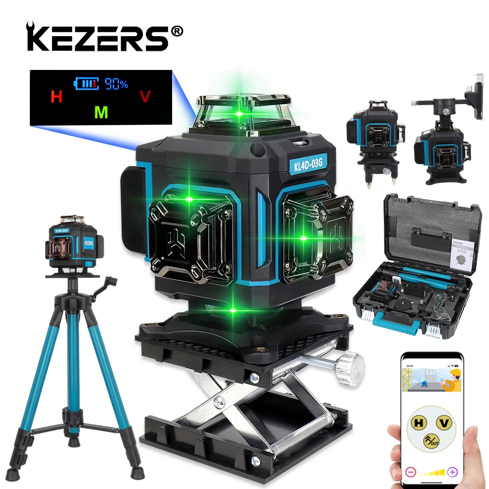 Kezers-display Nível Laser Verde com Mala de Controle Remoto Bateria Li-ion 16 Linhas 4d 360 Kl4d03g 4000mah 1m Tripé