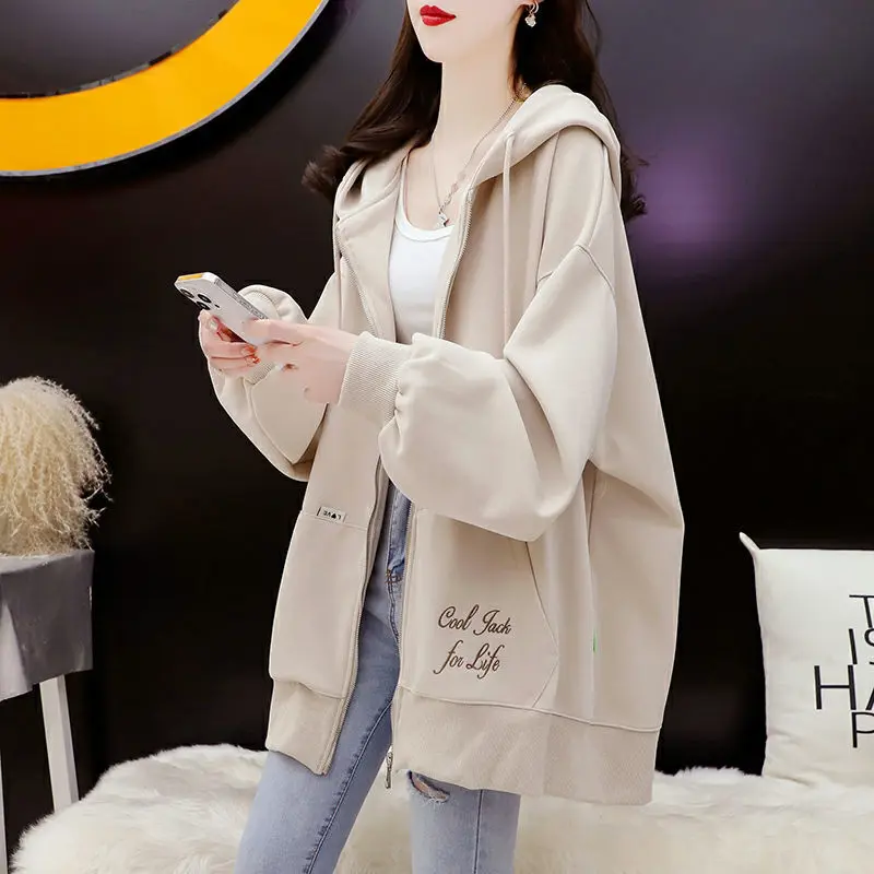 Women's Clothing Newstreetwear Fashion Loose Zipper Solid Color Lacing Drawstring Preppy Style Long Sleeve Hooded Sweatshirts