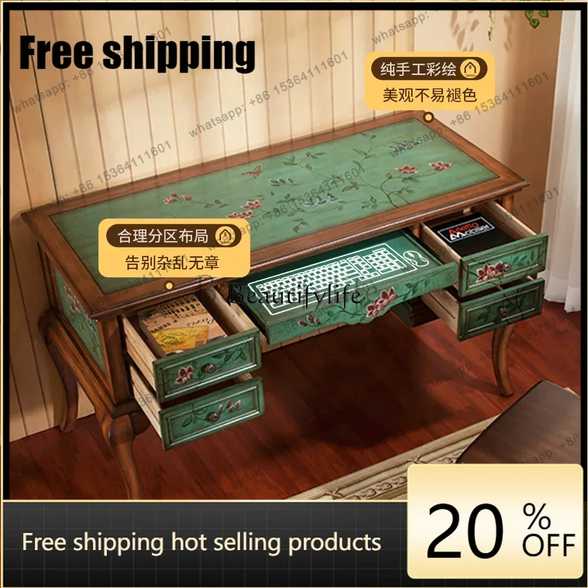 HJ 1PJ12PJ12Living room desk solid wood integrated office computer retro painted long table