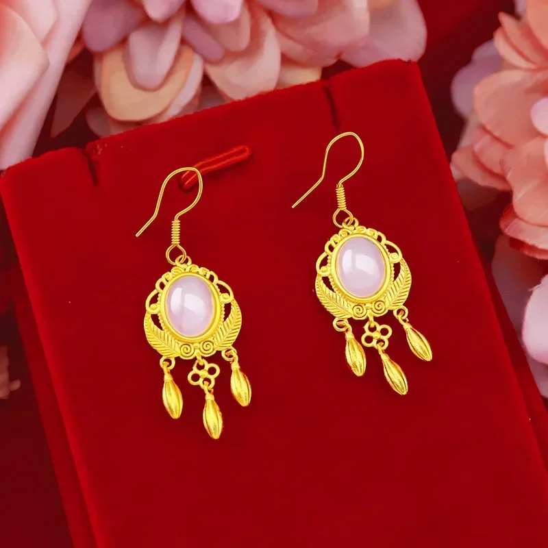 

9999 Real Gold 24K Japanese and Korean Fashion Women's Chalcedony Earrings, Women's Ancient Dream Catcher Jewel Earrings, Women