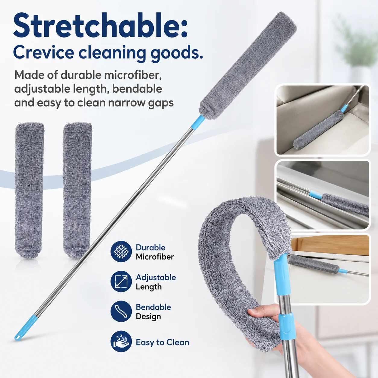 1pcs Set Washable Under-Bed Dust Cleaner with 1/2 Replacement Cloths Extendable Gap Dusting Brush Durable Floor Dusting Brush