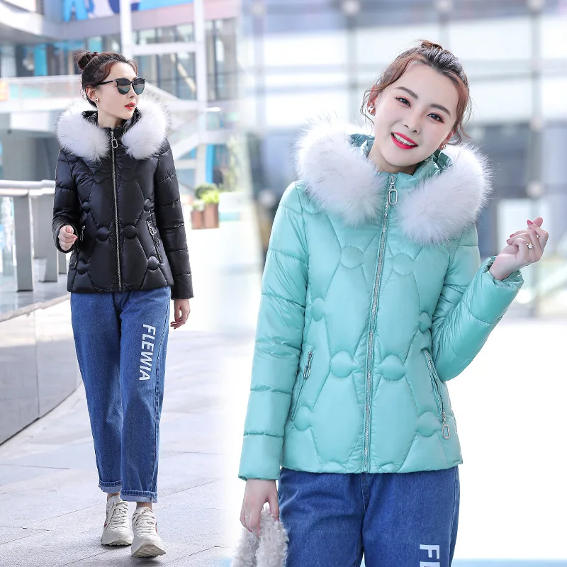 Cotton Jacket Women's 2024 New Slim Fur Collar Detachable Hat Short Thick Parkas