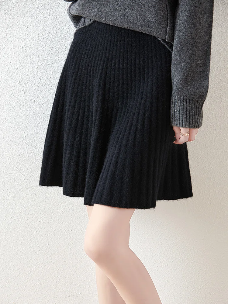 Women's Wave Short Skirt 100% Merino Wool Mini Skirts Autumn Winter Sweater Umbrella Skirt High Waist Stretch Sweet Knit Dresses