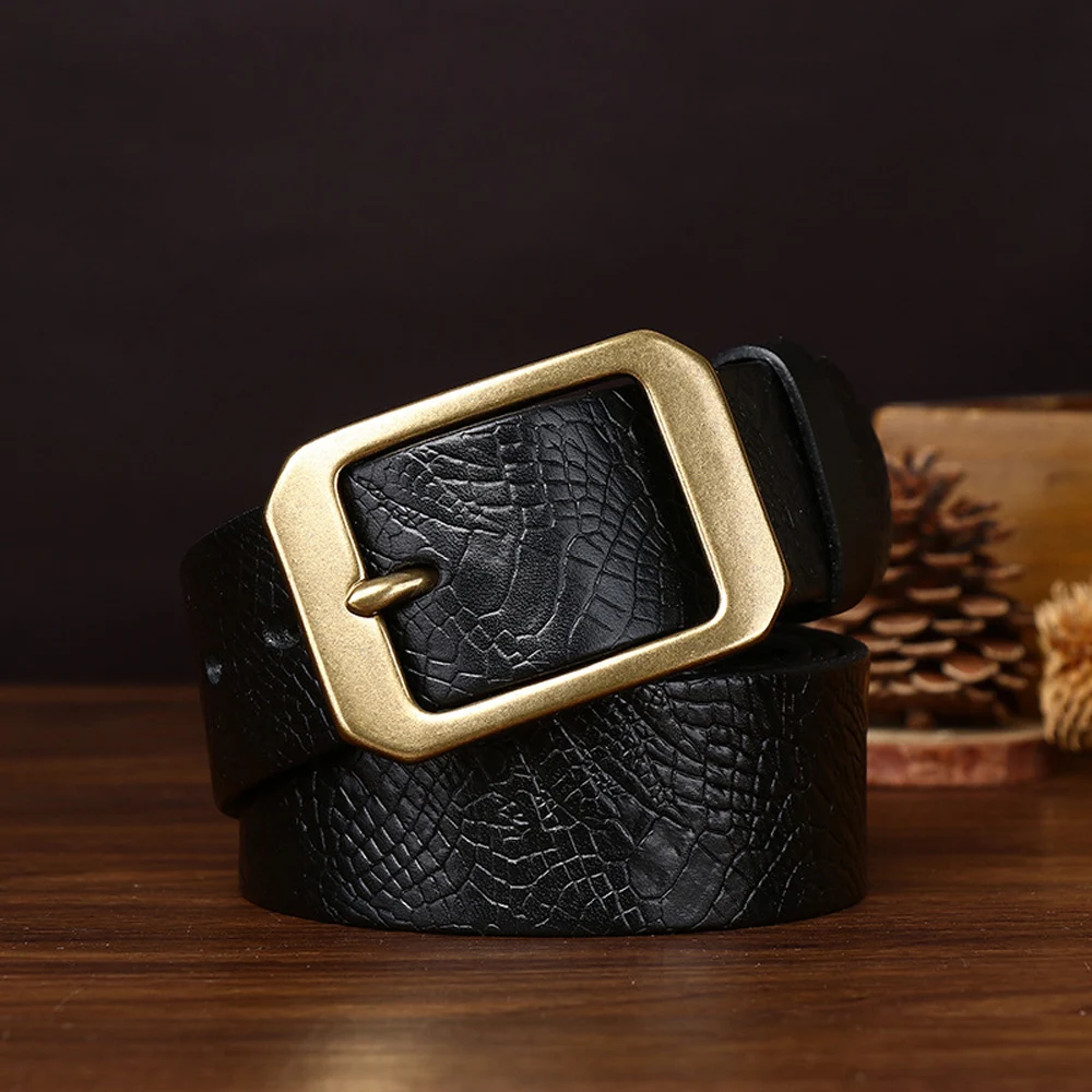 3.8CM Embossing Printing Retro Cowboy Belt Male Cowskin Genuine Leather Belt Men Copper Pin Buckle Belt For Jeans Men Waist