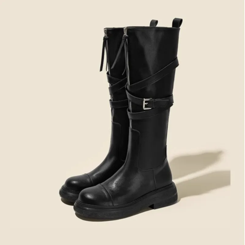 2024 Autumn New Knee Length Boots Women's Belt Buckle Thick Sole Motorcycle Rider Boots High Sleeve Fashion Boots