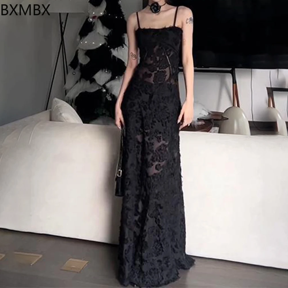 

French high-end party dress, be careful, black perspective sexy suspender dress vestido feminino streetwear