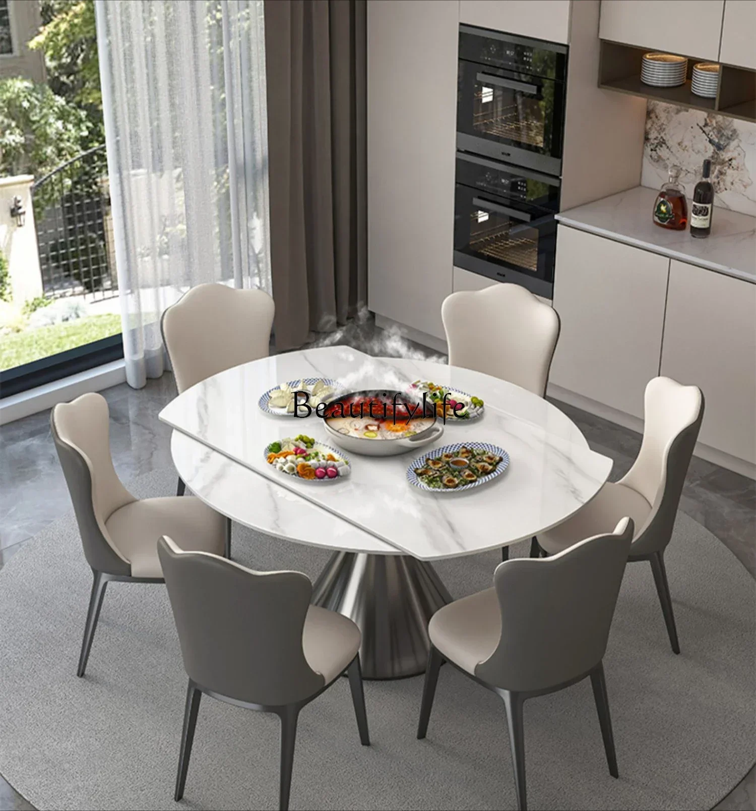 

1FG10Slate dining table with invisible induction cooker Multifunctional telescopic round table Modern simplicity