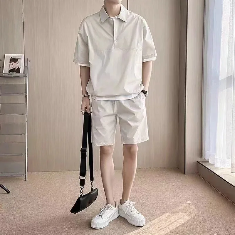 

Polo Men's Shirt Two Piece Set Buttons Pullover Casual Cargo Sports Summer Tracksuit Fashion Short-sleeved +Shorts Suit 2