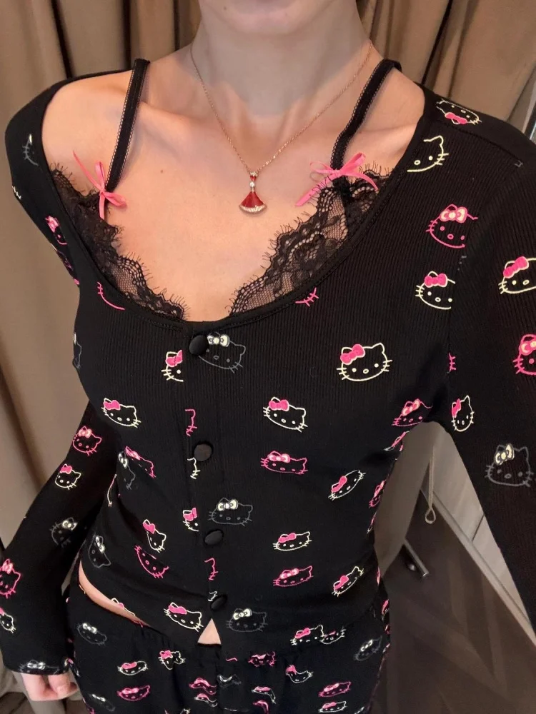 

Длинные пижамы Hello Kitty Sanrio, комплект домашней одежды, женская весенне-осенняя свободная одежда для сна, пижамы с подушкой на груди, домашняя одежда из двух предметов