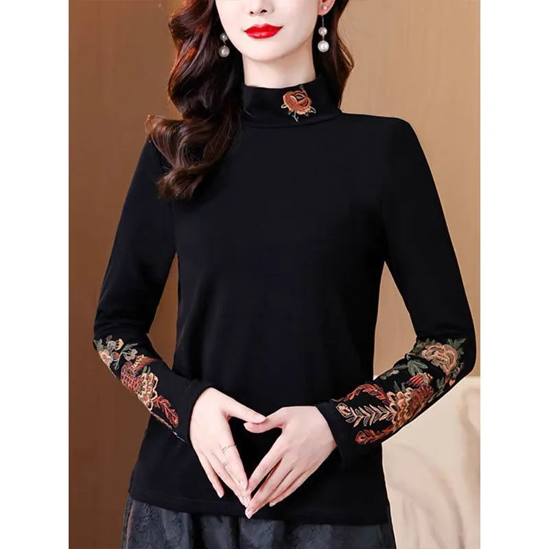 

Полуводолазка с вышивкой, теплая осенне-зимняя немецкая бархатная китайская футболка с длинными рукавами, рубашка в стиле ретро, топ для женщин