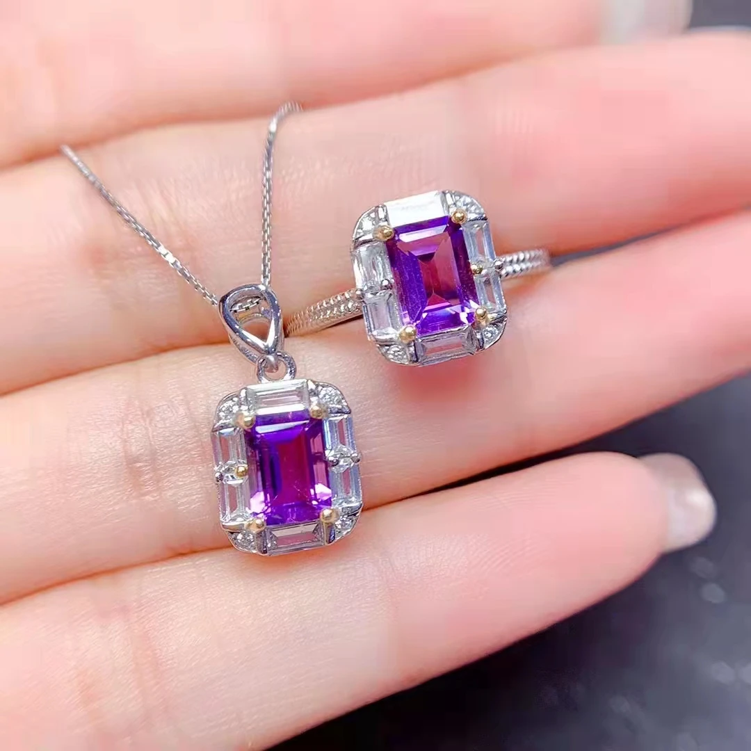 

Natural Amethyst Ring Pendant Necklace Set S925 Sterling Silver Fine Women's Jewelry Free Shipping