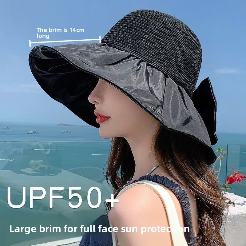 

Vinyl Sun Protection Sun Hat Girl in Summer Face Covering Folding Can Store Sun Hat Fisherman Hat Versatile Straw Hat Hollow