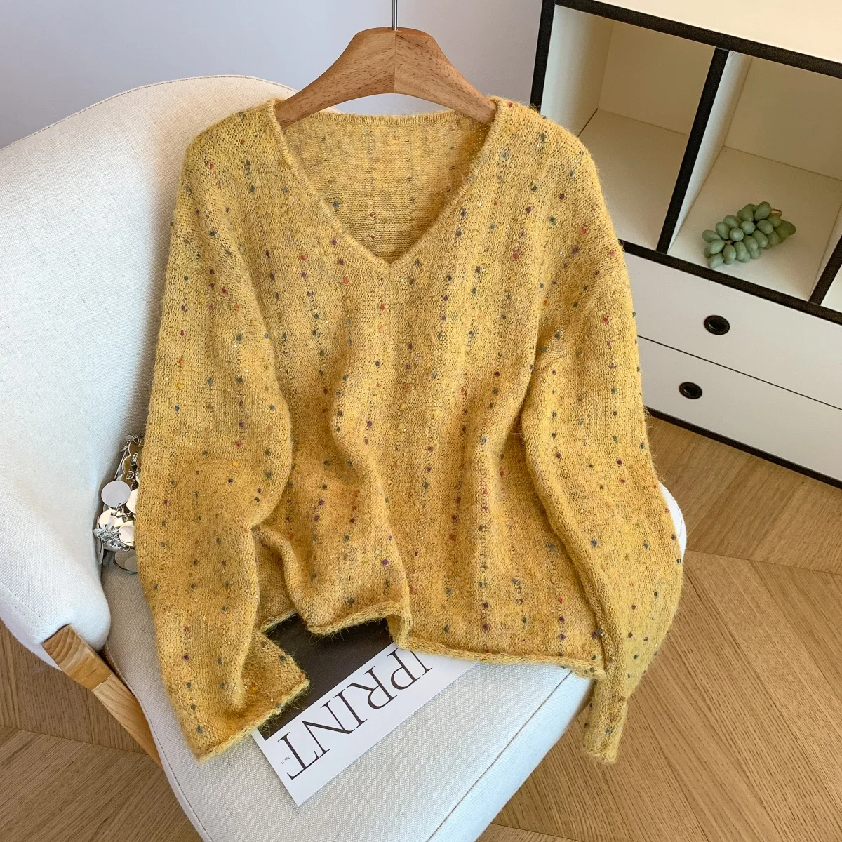 

Women's Yellow V-Neck Pullover Korean Sweater Vintage 2000s Y2k Jumper Knitwear Long Sleeves Sequins Sweater Spring Autumn 2025