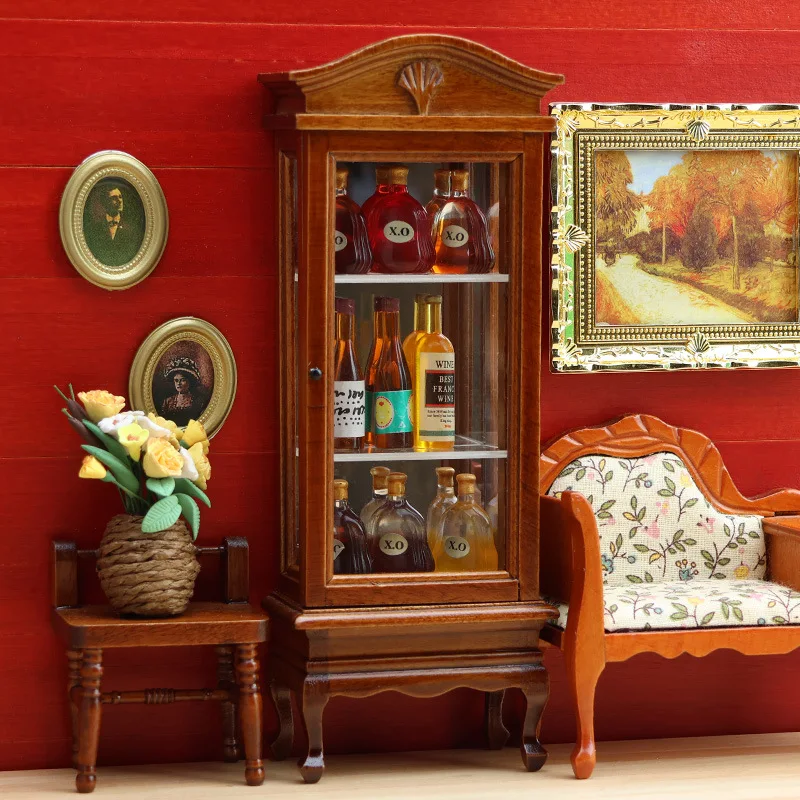 1:12 Doll House DOLLHOUSE Mini Furniture Miniature Food Play Wooden Maroon Curved Top Display Storage Cabinet figurine decor