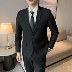 Men Business Casual Plus Size Pure Black Button Suit Jacket Korean Style Wedding Formal Dress Fashion Slim Coats