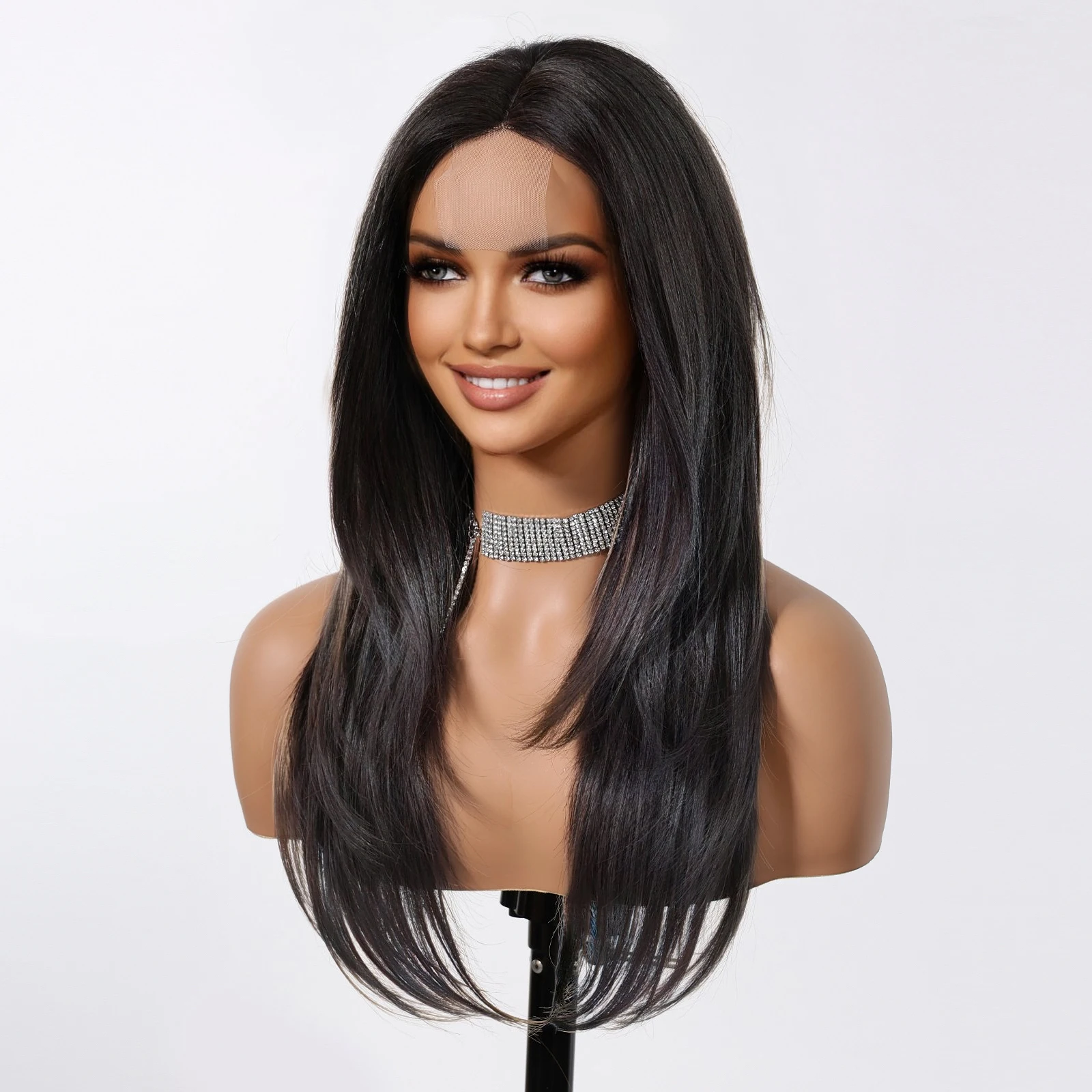 Synthetic Wigs Natural Black Lace Front Hairline Wigs Layered Long Straight for Women Middle Parted Wigs Heat Resistant Hair