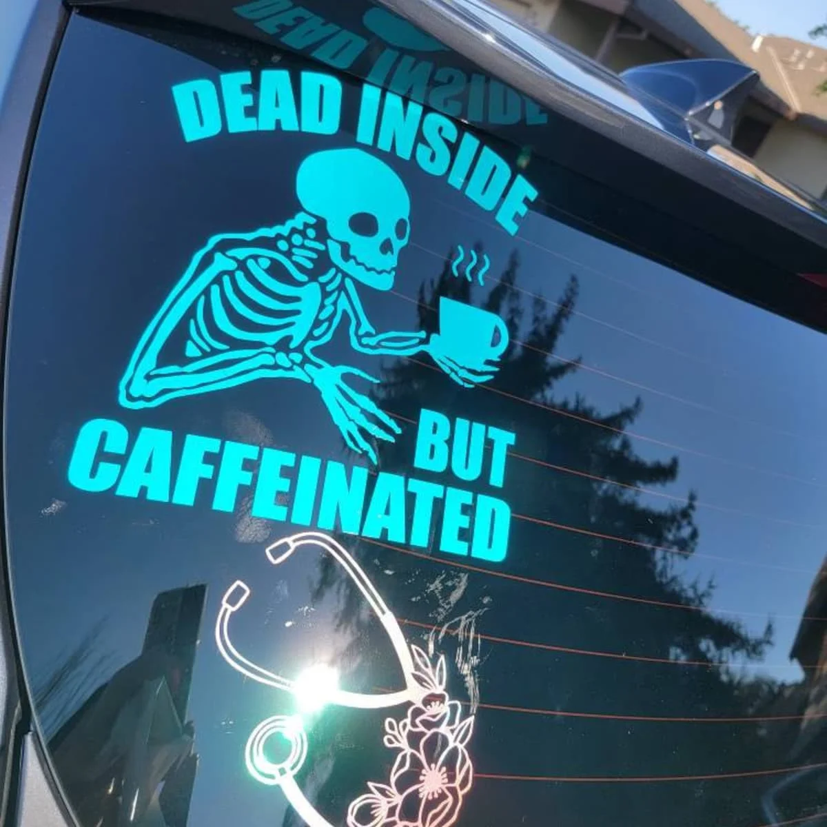 Dead Inside But Caffeinated Car Vinyl Decal, Funny Skeleton Auto Window Sticker, Coffee Lovers Gift, Yeti Coffee Cup Decals