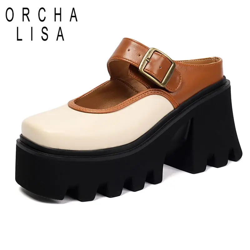 

ORCHA LISA 2025 Новый дизайн Женские сандалии Квадратный носок Толстый каблук 8,5 см Платформа 4,5 см Слипоны с пряжками ремня Смешанные цвета 41 42 43
