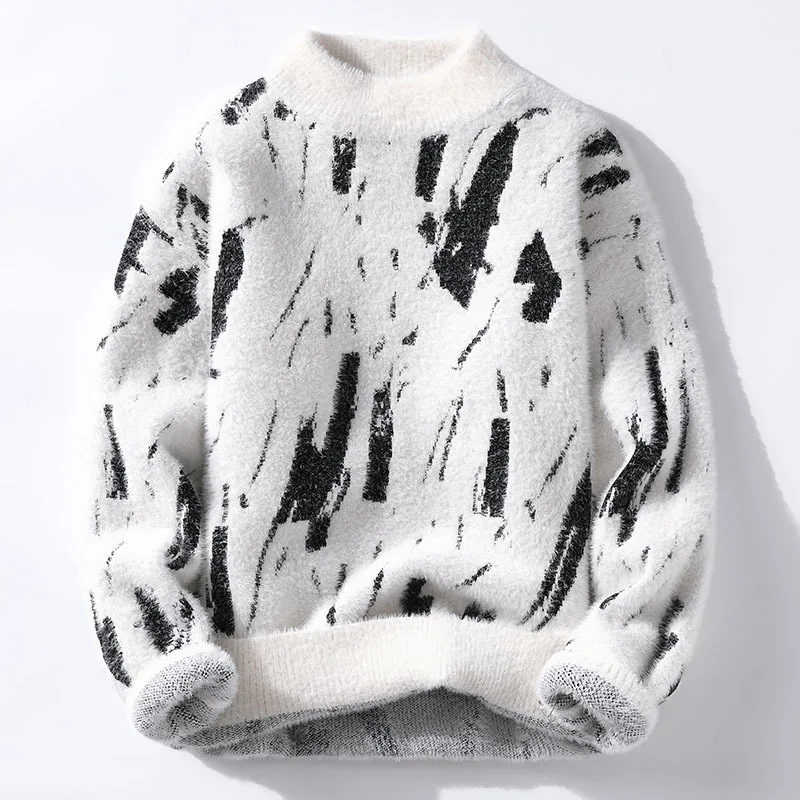 Men's Fashionable Personality Graffiti Half Turtleneck Thickened Sweater Knitted Thread