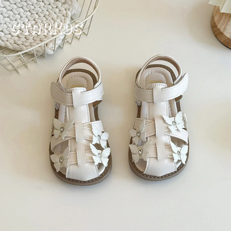 Sandalias de mariposa con purpurina para niñas, zapatos romanos de banda estrecha, diseño de marca, brillantes, correa de diamantes de imitación,