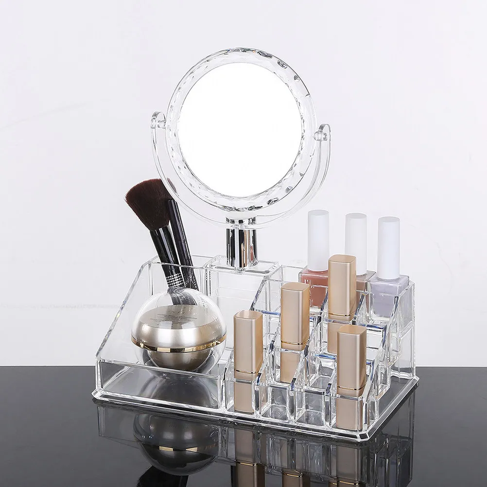 Organizer Desktop Storage Case with Built-in Mirror Smooth Rounded Design Fine Workmanship Premium Material for Makeup