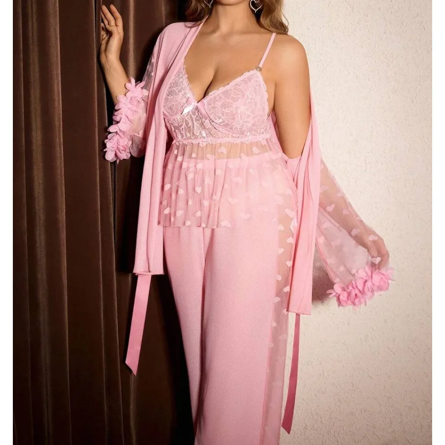 Pink Heart Print Mesh Long Sleeve Robe Camisole And Long Pants Three Piece Sleepwear Set Elegant Loungewear For Women 3