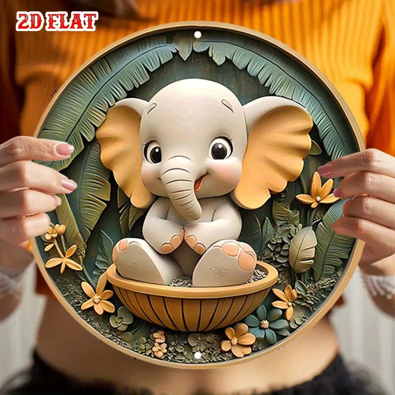 [2D Flat] 1 Stück Charming Little Elephant 2D Flat Round Aluminium Wall Art – 7,87" Rustikales Metallschild mit grünem Blatt- und Blumendesign
