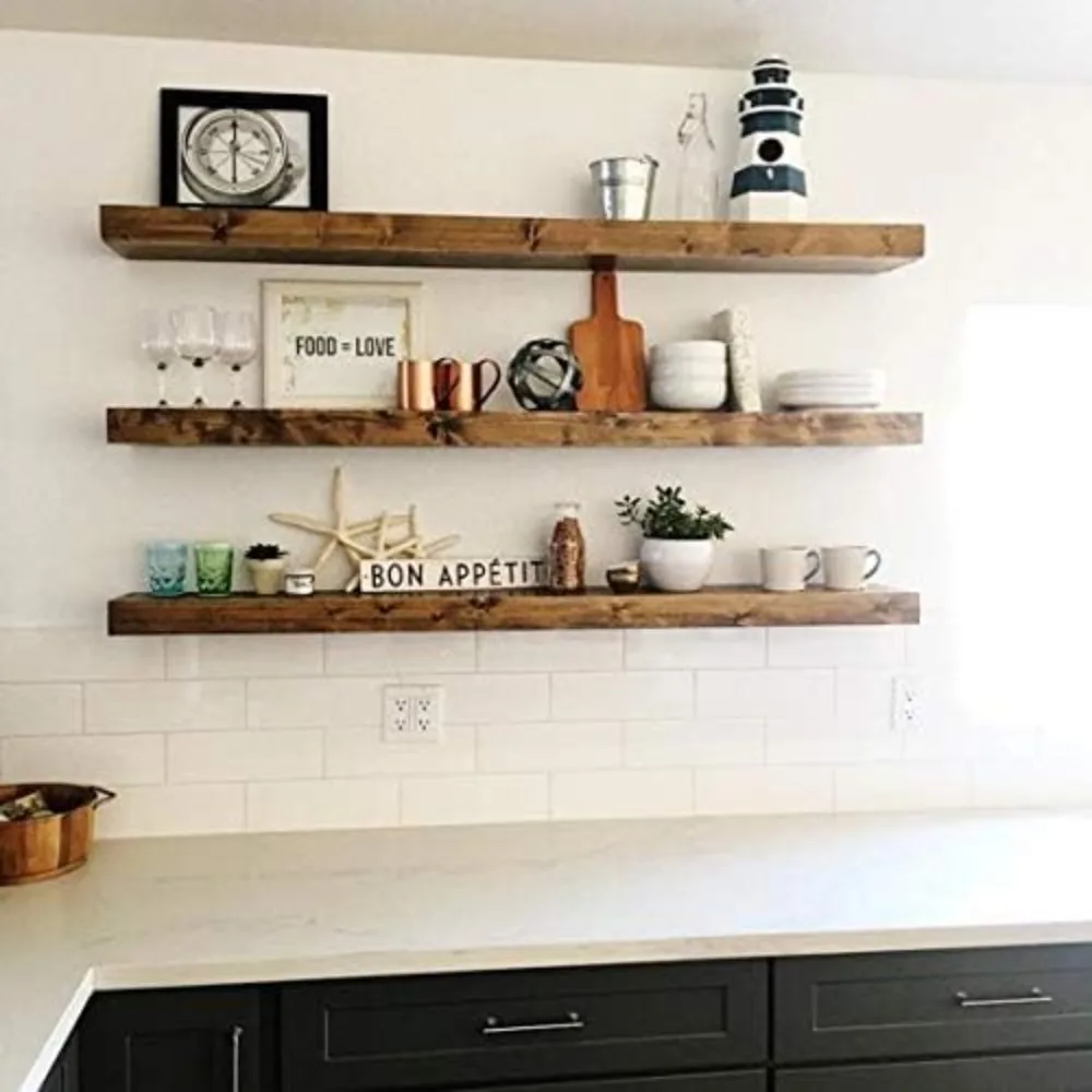 Wooden Floating Shelves-Wall Decor for Home Kitchen, Bathroom - Rustic Pine Custom Office Organizer with Mounting Brackets