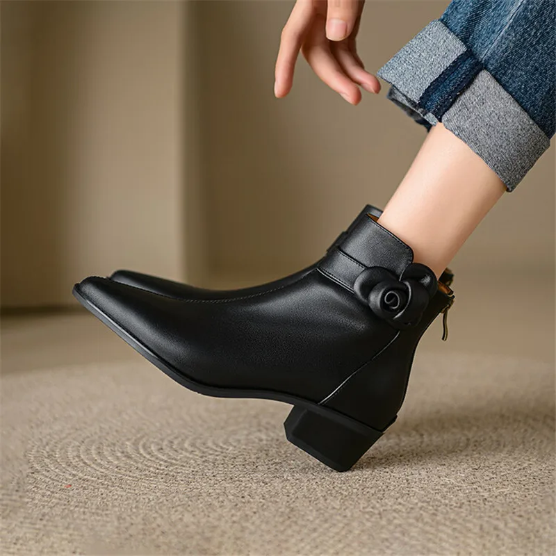 2023 Autumn Genuine Leather Women Boots Pointed Toe Chunky Heel Boots for Women Fashion Ankle Boots Winter Boots Zapatos Mujer