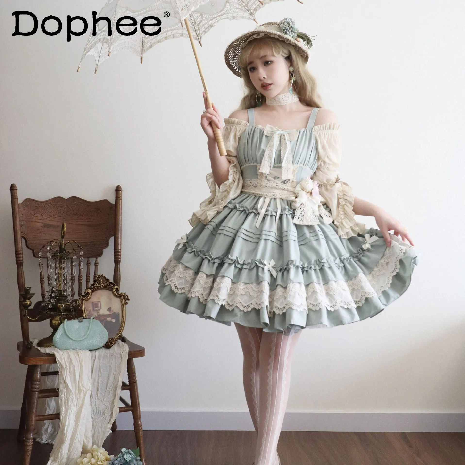 

2026 Summer Japanese Original Lolita Jsk Suspender Dress Lolita Sweet Cute Girl Doll Feeling Lace Edge Bow Puff Dress