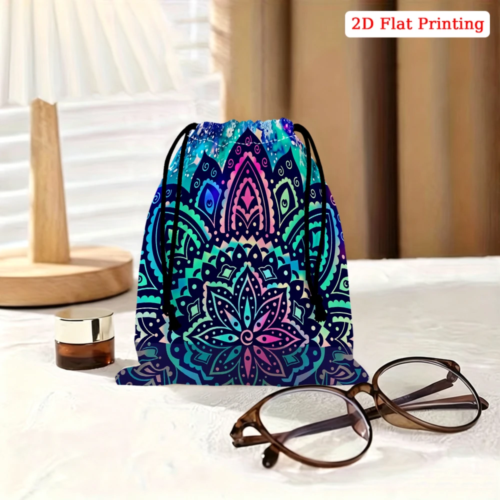 1Pc Bohemian Style Drawstring Bag Blue Purple Mandala Pattern Storage Small Pouch For Glasses Jewelry Cosmetics Travel Organizer