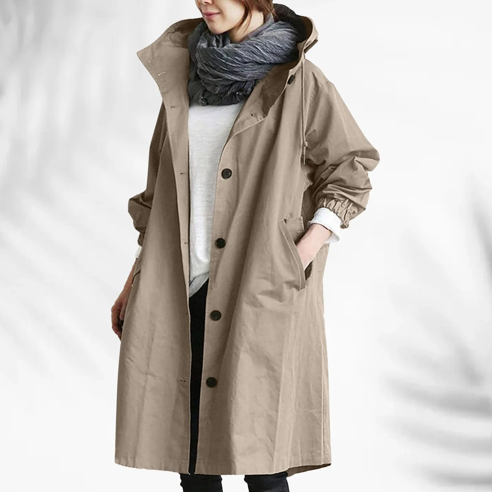 2024 Herfst Winter Casual Koreaanse Mode Capuchon Middellange Overjas Losse Winddichte Jas Vrouwen Trenchcoat Effen Kleur Zakken