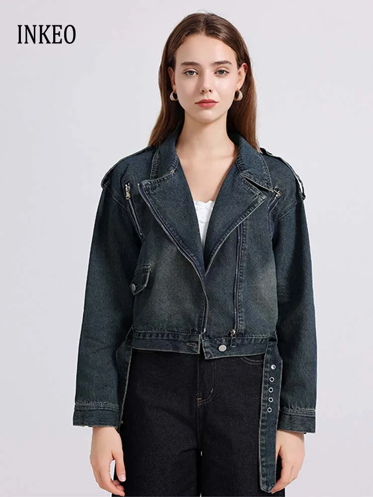

Уличная одежда, осень 2025, джинсовая мотоциклетная куртка, женское шикарное винтажное укороченное пальто, блейзер на молнии, модный женский винтажный INKEO 5O082