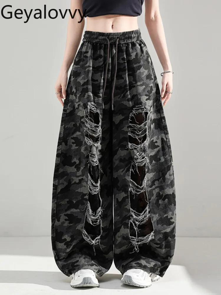 Leopard Print Washed Distressed Lace Patchwork Wide-Leg Pants for Women Summer Hip-Hop Sports Wide-Leg Casual Trousers