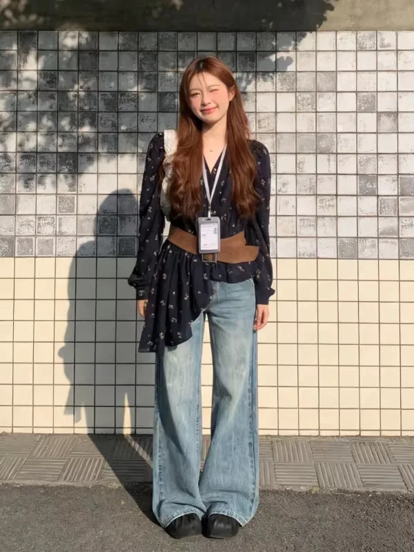 

Женская рубашка большого размера в винтажном стиле с цветочным принтом, V-образным вырезом, асимметричным подолом, элегантная, универсальная, в корейском стиле