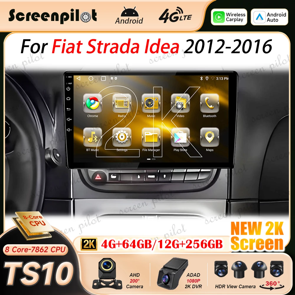 Android 16 Car Radio Stereo For Fiat Strada Idea 2012-2016 2K QLED Stereo Head Unit Multimidia Player GPS Carplay Android Auto